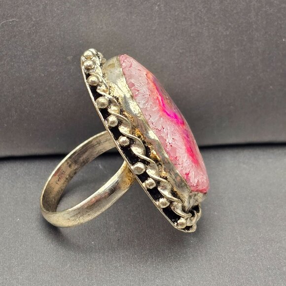 925 Sterling Silver Plated Druzy Quartz Ring Size 7 Bezel Setting Statement - Picture 8 of 12